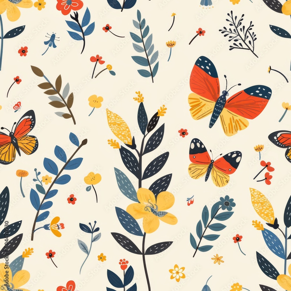 Simple Seamless Mother's Day Pattern with Spring Flowers and Butterflies

