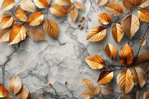 3d wallpaper background marble with golden leaves. Created with Ai