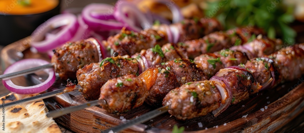 Close Up of Meat Skewers With Onions on Wooden Board