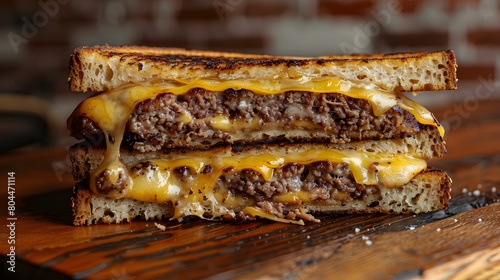 a beef patty melt, with melted cheese oozing, detailed and perfectly centered on toasted rye.