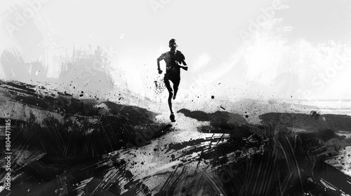 A black and white sketch of a runner, emphasizing the texture of the terrain and the runners silhouette against the landscape