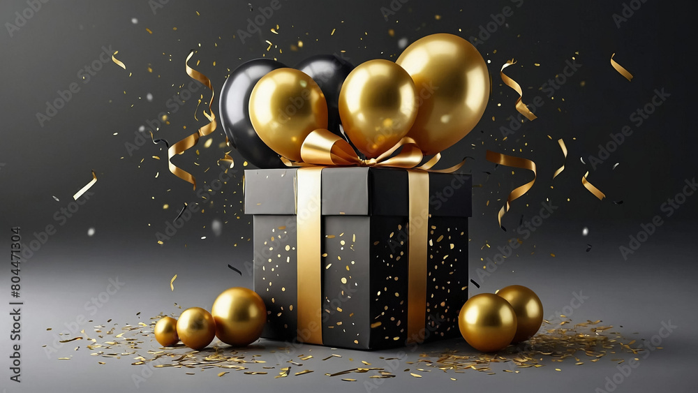 Naklejka premium Happy Birthday Banner and Greeting Card. Luxury and Premium Birthday Celebration Cover and Background with Gift Box, Confetti, and Golden Text Vector Illustration 