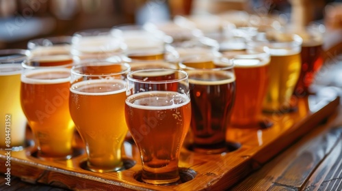 A tray of different types of beer glasses all filled with different nonalcoholic brews representing the variety available for tasting.