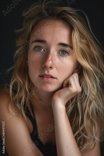 A professional Studio photo portrait of a gorgeously beautiful blonde woman and perfect skin