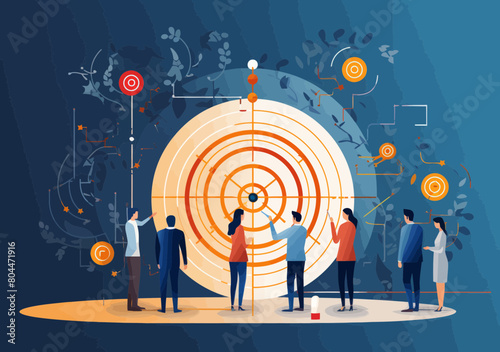 Minimalistic Business Team Strategizing Success Plan, Brainstorming Goals & Overcoming Obstacles - Vector Illustration Concept