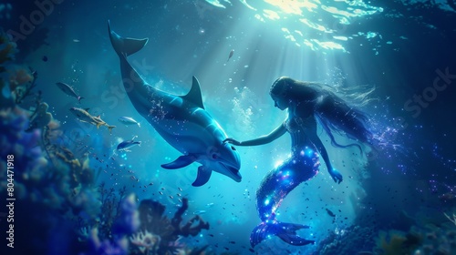 Beautiful mermaid swimming playing with dolphin underwater in deep sea.