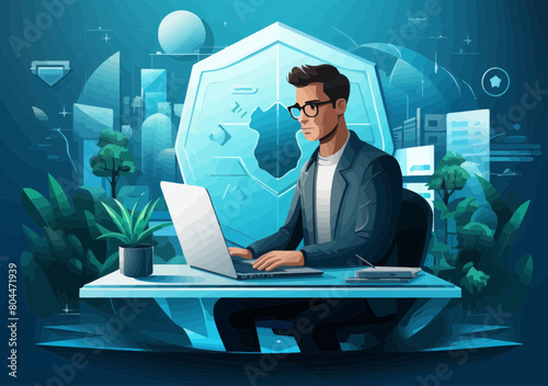 Cybersecurity Protection Illustration: Man Holding Shield Over Laptop Shielding from Online Threats, Privacy/Encryption Concept, Digital Safety Computer Network