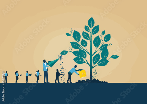HR Cultivating Career Development: Businessman Watering Tree with Employees for Skill Growth, Talent Hiring and People Management Strategy