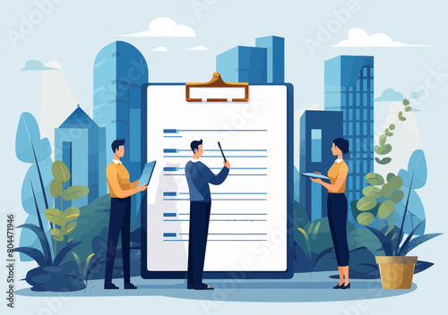 Female professional managing tasks, checking clipboard to-do list - minimalistic business vector illustration of workplace task tracking, accomplishments