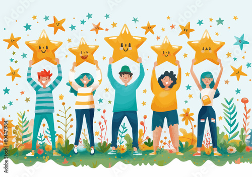 Young Adults Rating Products/Services with Emoticons - User Experience Feedback Concept, Client Satisfaction Reviews, Thumbs Up/Star Ratings
