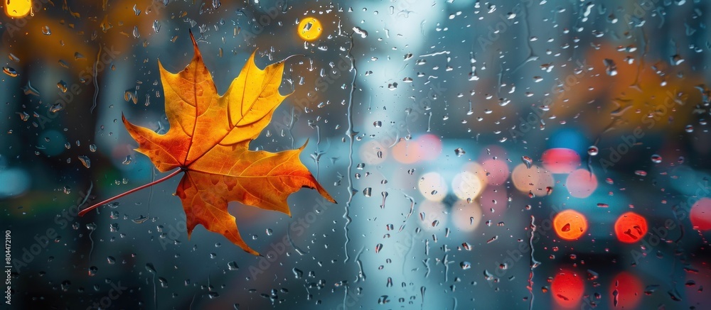 Autumn Leaf on Rain-Soaked Urban Window