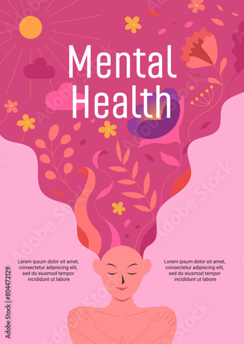 Positive mental health Poster, Woman thought, beautiful flowers in brain, people self care, Mental wellness., healthy head relax card or poster, Vector illustration tidy cartoon flat concept