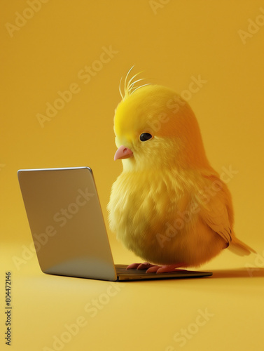 A Cute 3D Canary Using a Laptop Computer in a Solid Color Background Room