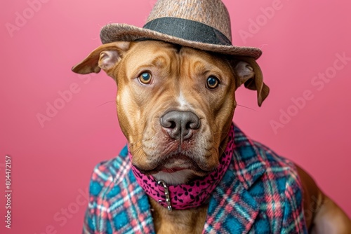 Surreal portrait of man in colorful three-piece suit with dogs head in hat on pastel background photo
