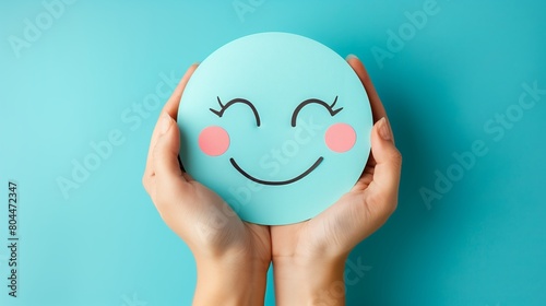 Hands holding happy smile face paper cut on blue background. world mental health day, Compliment Day.