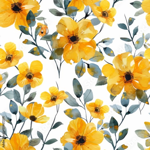 Watercolor Seamless Pattern with Vibrant Yellow Flowers

