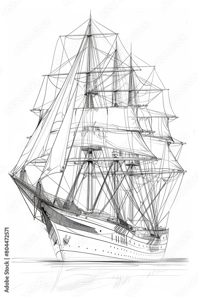 Hand sketch of a vintage sailing ship over white background