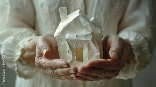 hands holding paper house, family home, homeless housing crisis, economic depression. photo