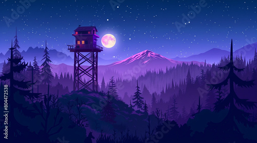 Firewatch tower in the middle of a forest. Simple illustration with flat design, mountains and a moon in the background. 