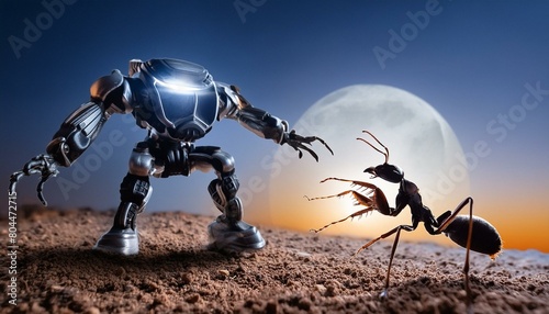 epic armored futuristic robot mech fighting a massive ant and losing. highly detailed. high contrast. background of a desolate planet background at night