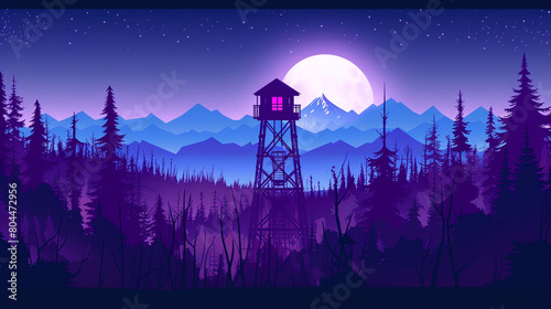 Firewatch tower in the middle of a forest. Simple illustration with flat design, mountains and a moon in the background.  photo