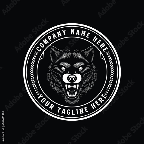 Vintage Retro Hand Drawn Roaring Angry Wolf Dog Head Badge Emblem Label Design