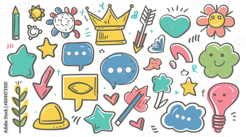 Whimsical Hand Drawn Doodle Collection of Colorful Vector Elements for Social Media and Idol Posters - Trendy Design for Stickers and Decorative Artwork