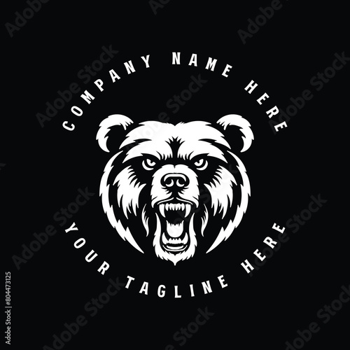 Vintage Retro Hand Drawn Roaring Angry Ice Polar Grizzly Bear Head Badge Emblem Label Design