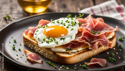 Fried eggs on toast with prosciutto. 