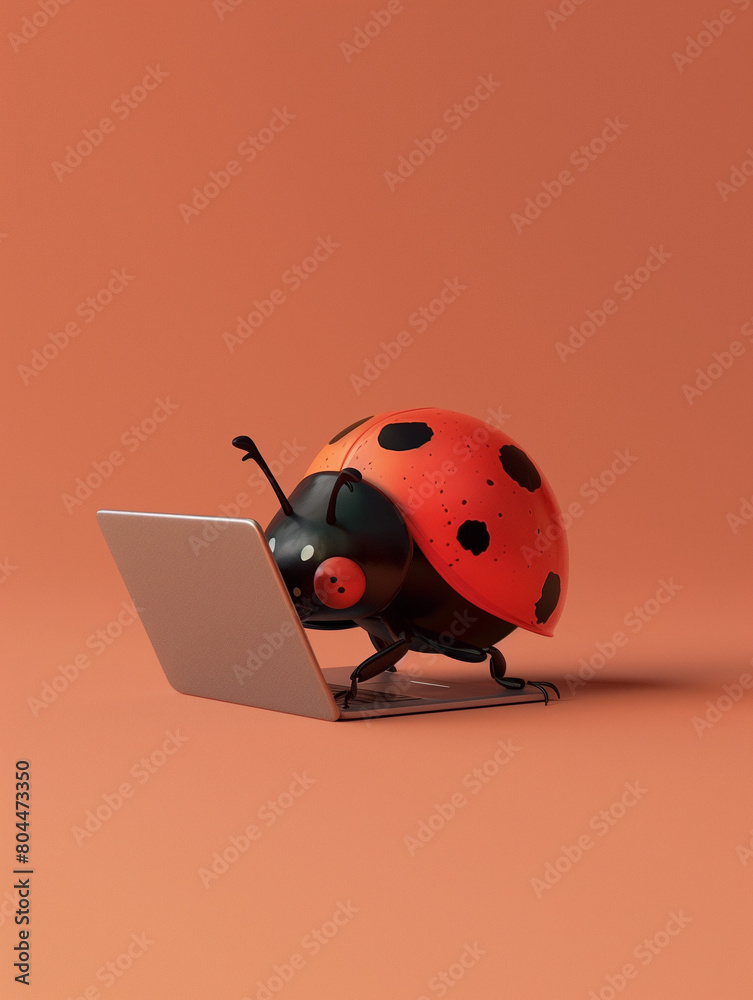 Fototapeta premium A Cute 3D Ladybug Using a Laptop Computer in a Solid Color Background Room
