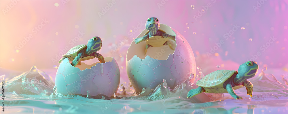 of Baby Turtles Hatching from Cracked Eggs in Soft Color Background