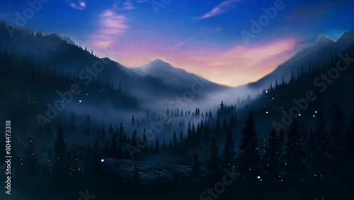 night landscape with silhouette of trees and fireflies seamless looping footage