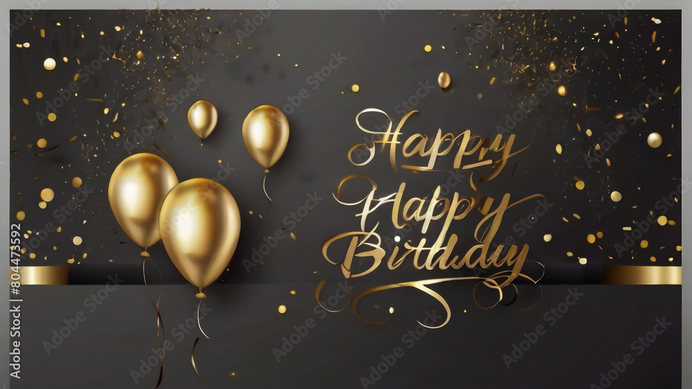 Happy Birthday Banner and Greeting Card. Luxury and Premium Birthday Celebration Cover and Background with Gift Box, Confetti, and Golden Text Vector Illustration
