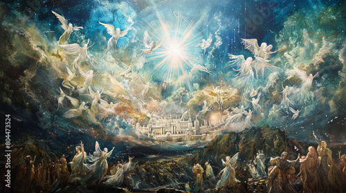 An artistic interpretation of the new Jerusalem descending onto the new earth, as described in Revelation 21-22.