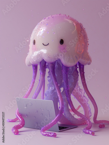 A Cute 3D Jellyfish Using a Laptop Computer in a Solid Color Background Room