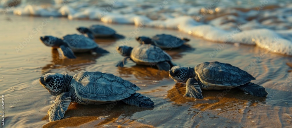 Fototapeta premium Baby Sea Turtles Crawling Into Ocean