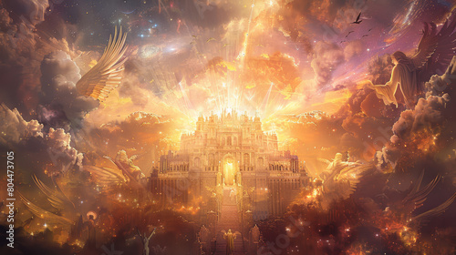 An artistic interpretation of the new Jerusalem descending onto the new earth, as described in Revelation 21-22.