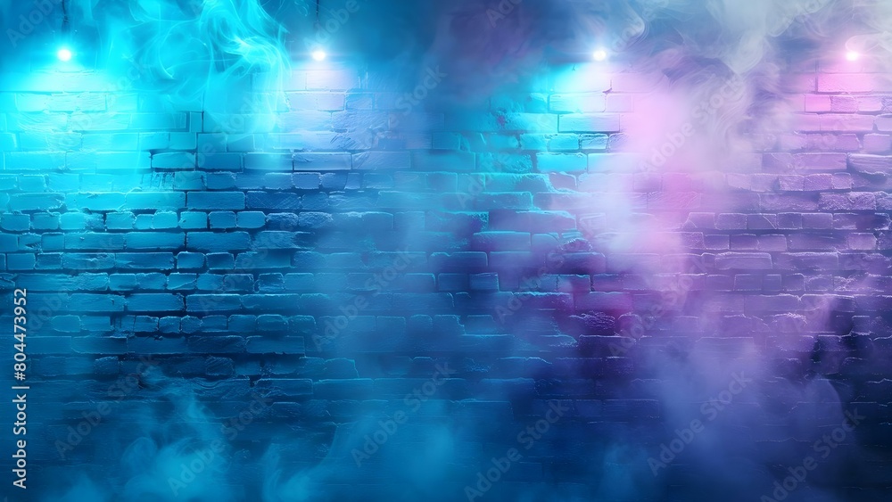 Neon spotlights and smoke against a blue and purple brick wall background. Concept Photography, Neon Lights, Smoke Effects, Brick Wall Background, Colorful Atmosphere