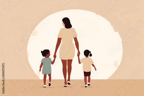 illustration of a mother walking with her two children