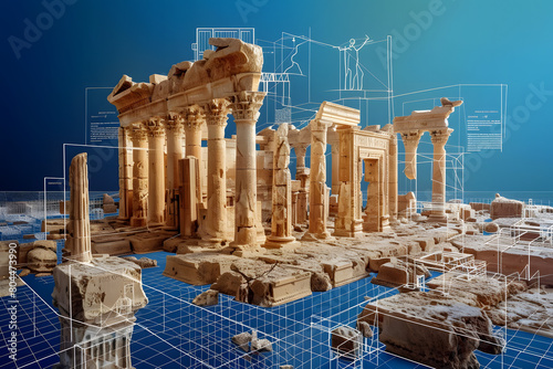A virtual travel guide demonstrating a 3D tour of ancient ruins, set against an exploration deep blue background