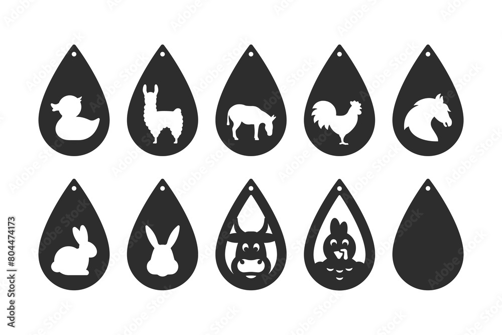 Set of vector designs with farm animals for teardrops earrings, pendant or keychain. Funny jewelry silhouette cut template. Laser cutting with leather, wood or metal Set of vector designs with farm animals for teardrops earrings, pendant or keychain. Funny jewelry silhouette cut template. Laser cutting with leather, wood or metal