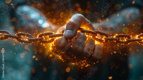 Abstract human hand breaking chains light coming through hand, HD image photo