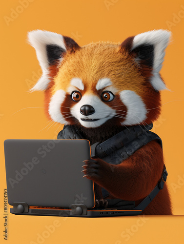 A Cute 3D Red Panda Using a Laptop Computer in a Solid Color Background Room © Nathan Hutchcraft