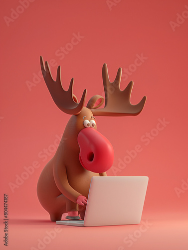 A Cute 3D Moose Using a Laptop Computer in a Solid Color Background Room © Nathan Hutchcraft