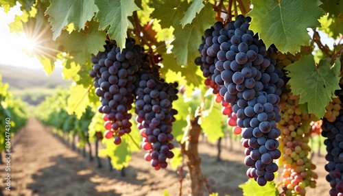 Grape branch against the background of grape plantations. Black grapes on the background of vineyards, winery at sunset, banner with panoramic view.