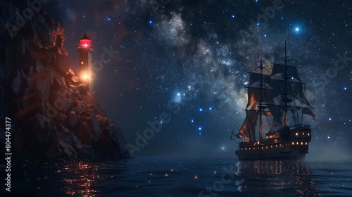 A vintage sailing ship with a lighthouse in sea at night with starring sky