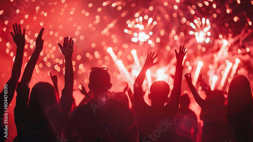 Crowd of people celebrating with raised hands against vibrant fireworks. Festival and community spirit photography. Event celebration and excitement concept. Design for event poster.