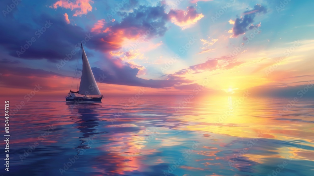 Fototapeta premium Sailing ship in sea water at sunset.