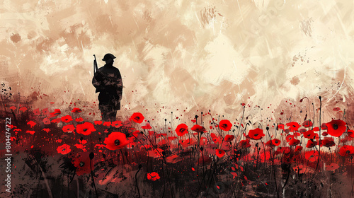 Silhouette of a soldier standing in a field of vivid red poppies at sunset, veterans day. Dramatic landscape photography. Remembrance and peace concept. Design for poster, banner, and memorial day.