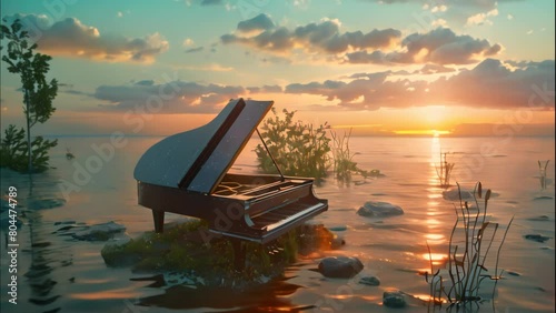 Piano on a plot of land in the water. 4k video photo